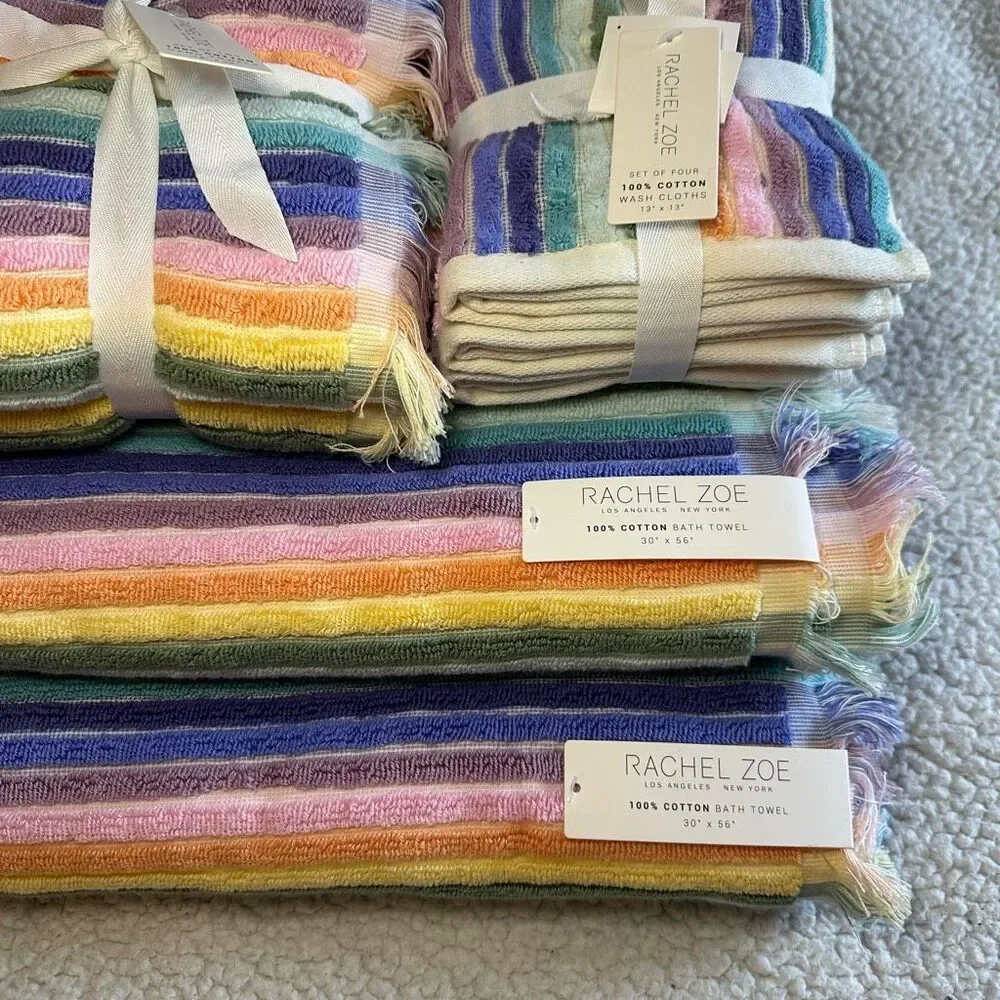 Rachel Zoe Bath Towel Set Rainbow Stripe Pattern Fringe NWT